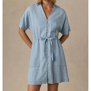 Faherty Brand Indigo Tencel Linen Button Down Drawstring Waist Mini Dress Large